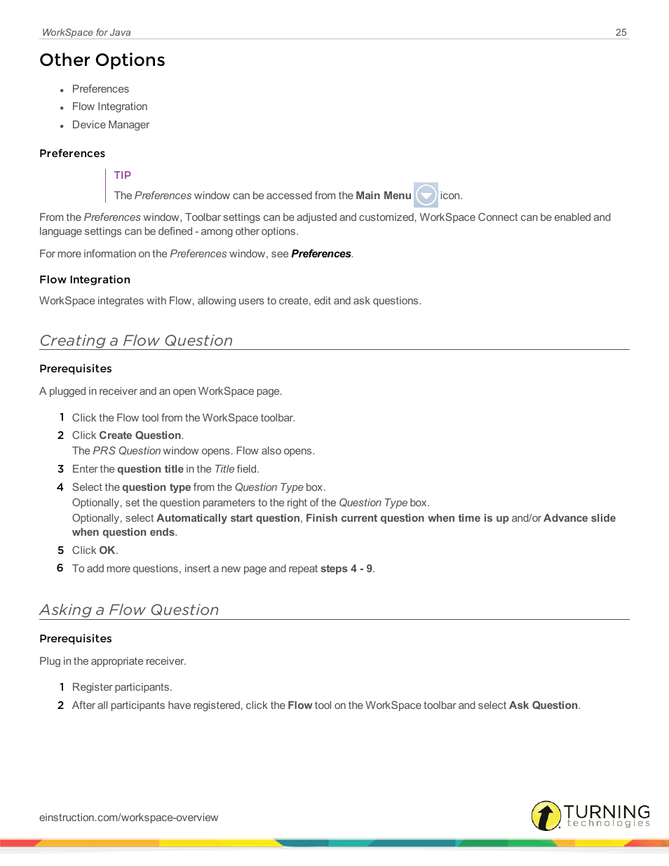 Other options, Creating a flow question, Asking a flow question | Turning Technologies WorkSpace User Manual | Page 25 / 41