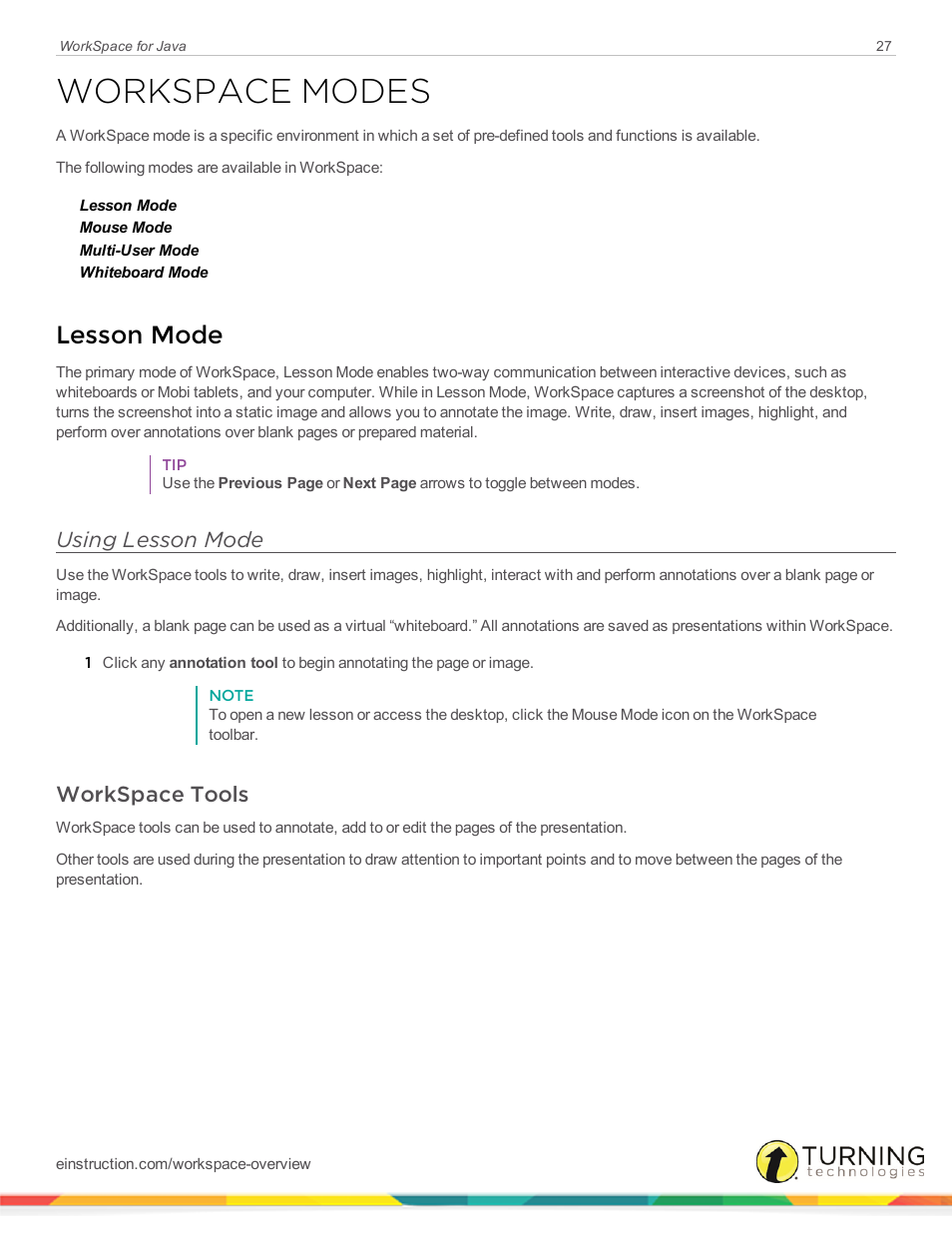 Workspace modes, Lesson mode, Using lesson mode | Workspace tools | Turning Technologies WorkSpace User Manual | Page 27 / 41