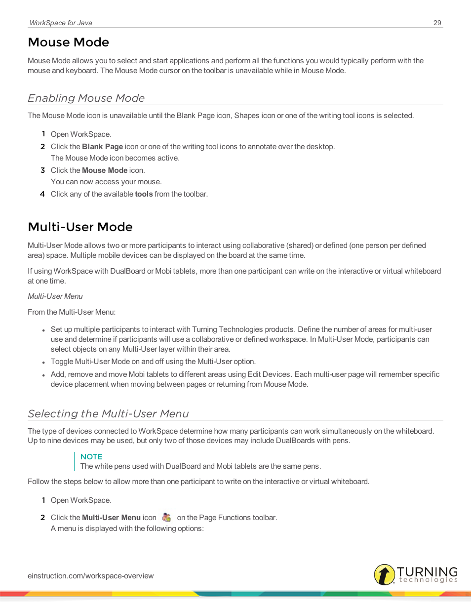 Mouse mode, Enabling mouse mode, Multi-user mode | Selecting the multi-user menu | Turning Technologies WorkSpace User Manual | Page 29 / 41