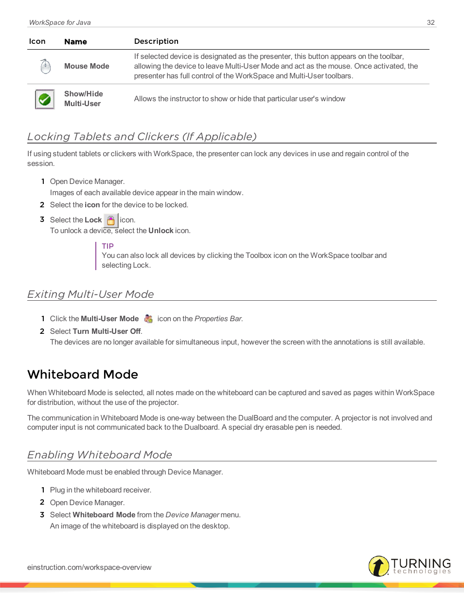 Locking tablets and clickers (if applicable), Exiting multi-user mode, Whiteboard mode | Enabling whiteboard mode | Turning Technologies WorkSpace User Manual | Page 32 / 41