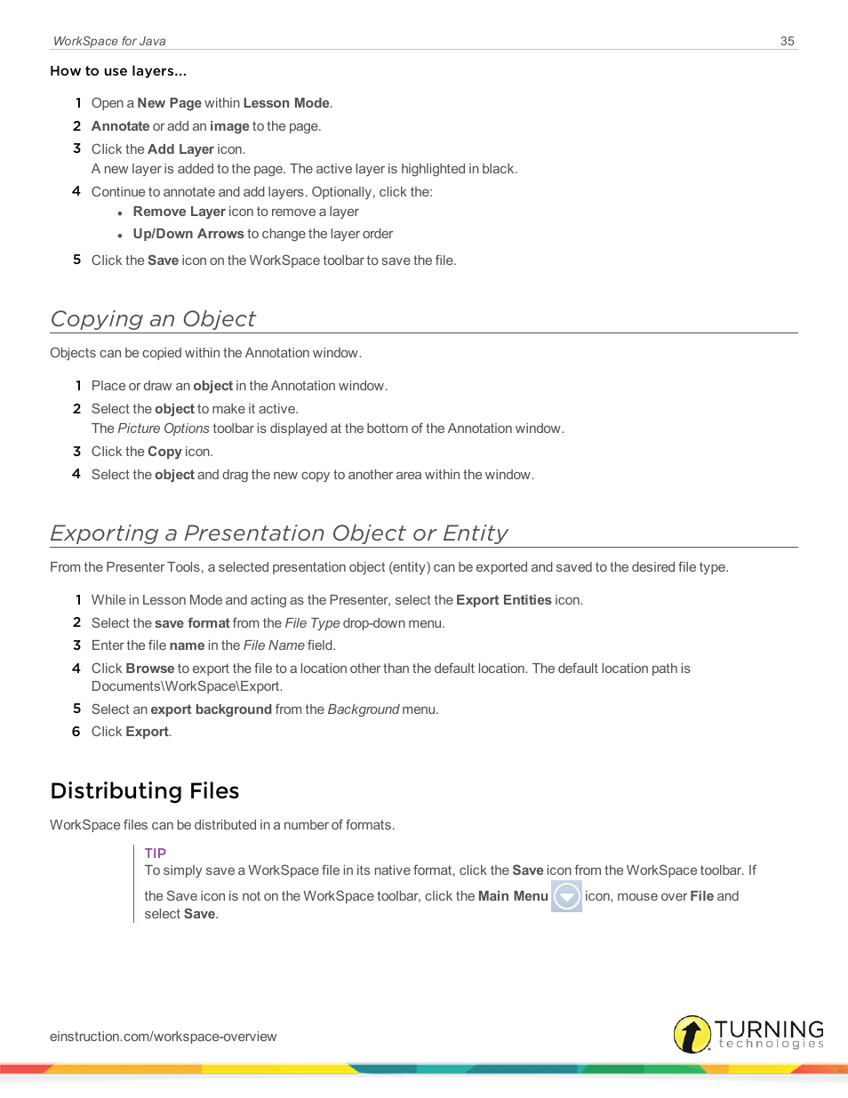 Copying an object, Exporting a presentation object or entity, Distributing files | Turning Technologies WorkSpace User Manual | Page 35 / 41