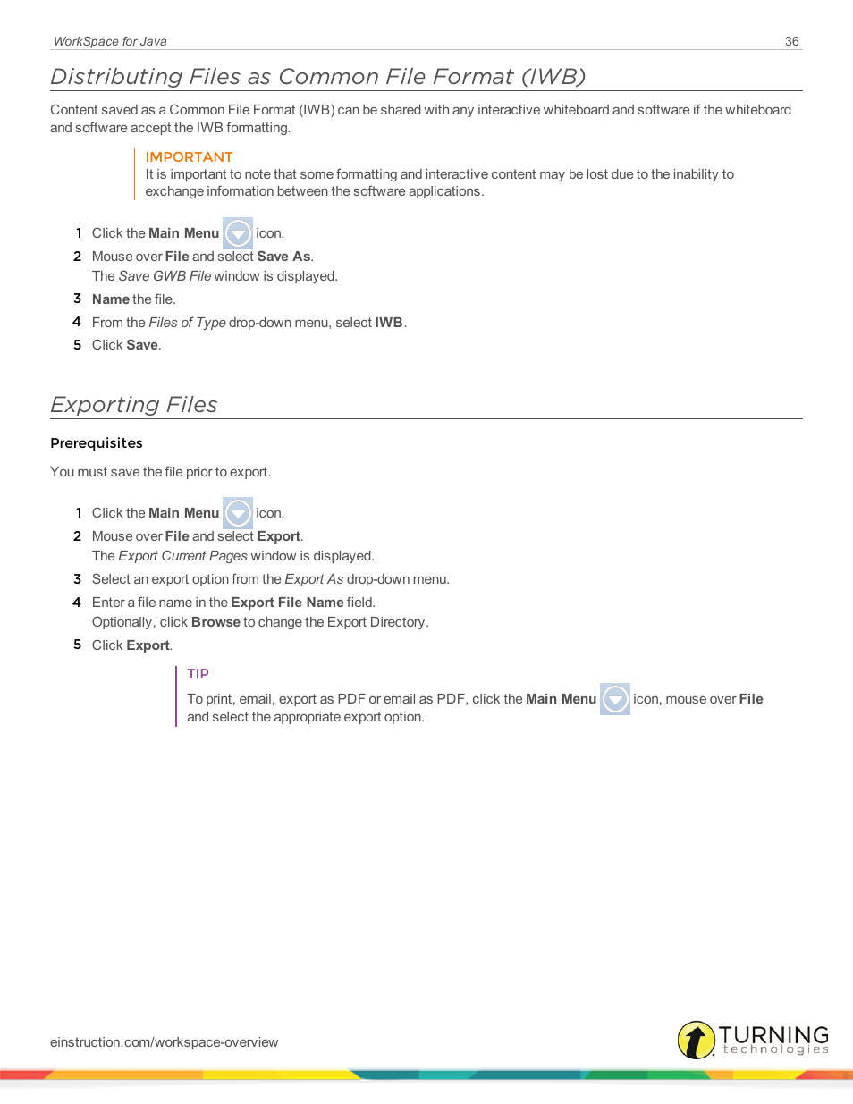 Distributing files as common file format (iwb), Exporting files | Turning Technologies WorkSpace User Manual | Page 36 / 41