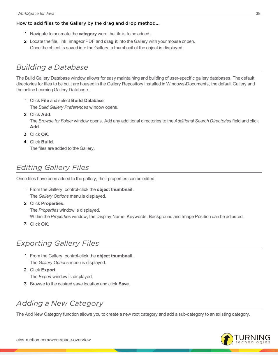 Building a database, Editing gallery files, Exporting gallery files | Adding a new category | Turning Technologies WorkSpace User Manual | Page 39 / 41