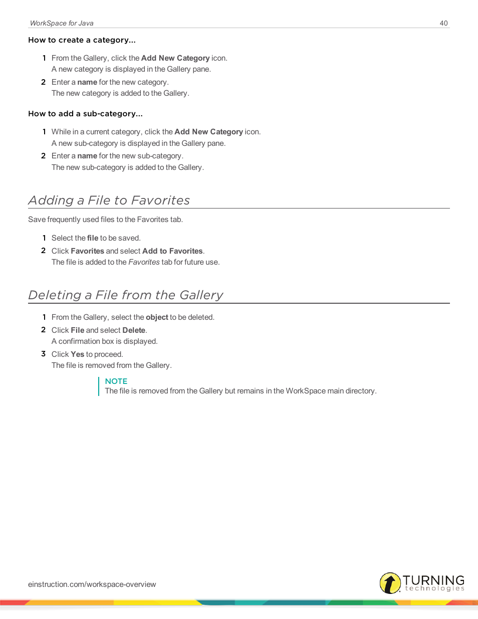 Adding a file to favorites, Deleting a file from the gallery | Turning Technologies WorkSpace User Manual | Page 40 / 41