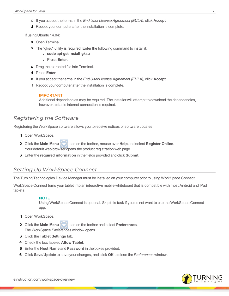 Registering the software, Setting up workspace connect | Turning Technologies WorkSpace User Manual | Page 7 / 41