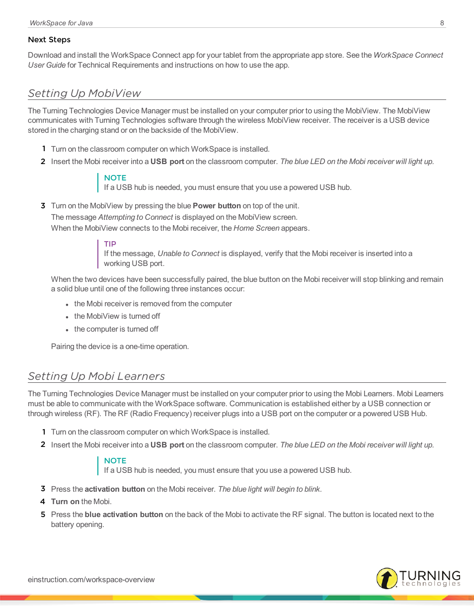 Setting up mobiview, Setting up mobi learners | Turning Technologies WorkSpace User Manual | Page 8 / 41