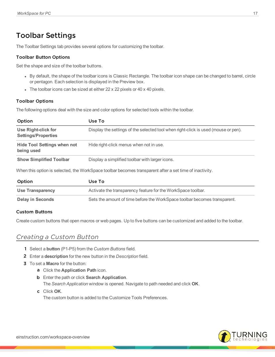 Toolbar settings, Creating a custom button | Turning Technologies WorkSpace User Manual | Page 17 / 49