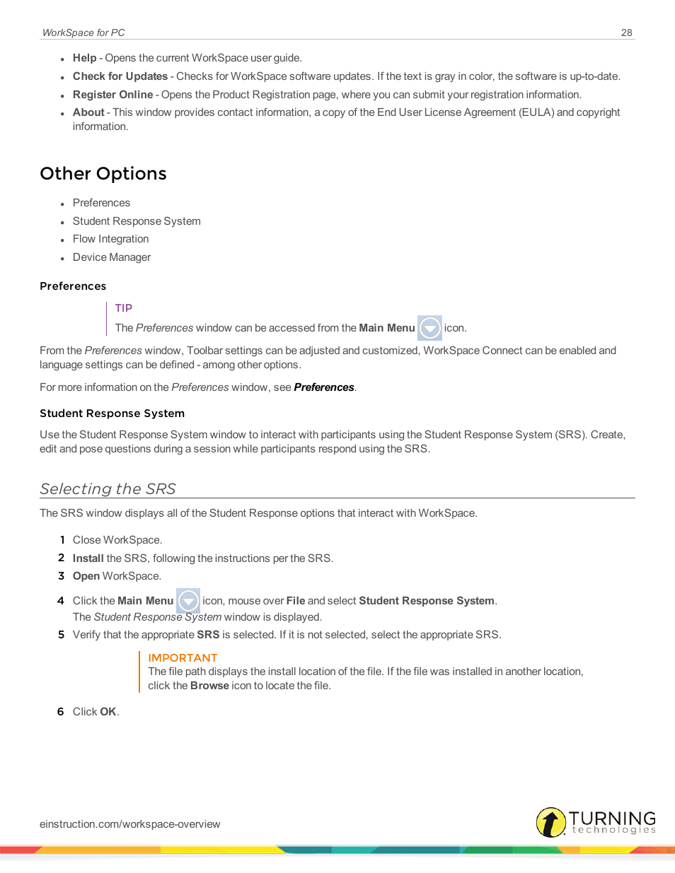 Other options, Selecting the srs | Turning Technologies WorkSpace User Manual | Page 28 / 49