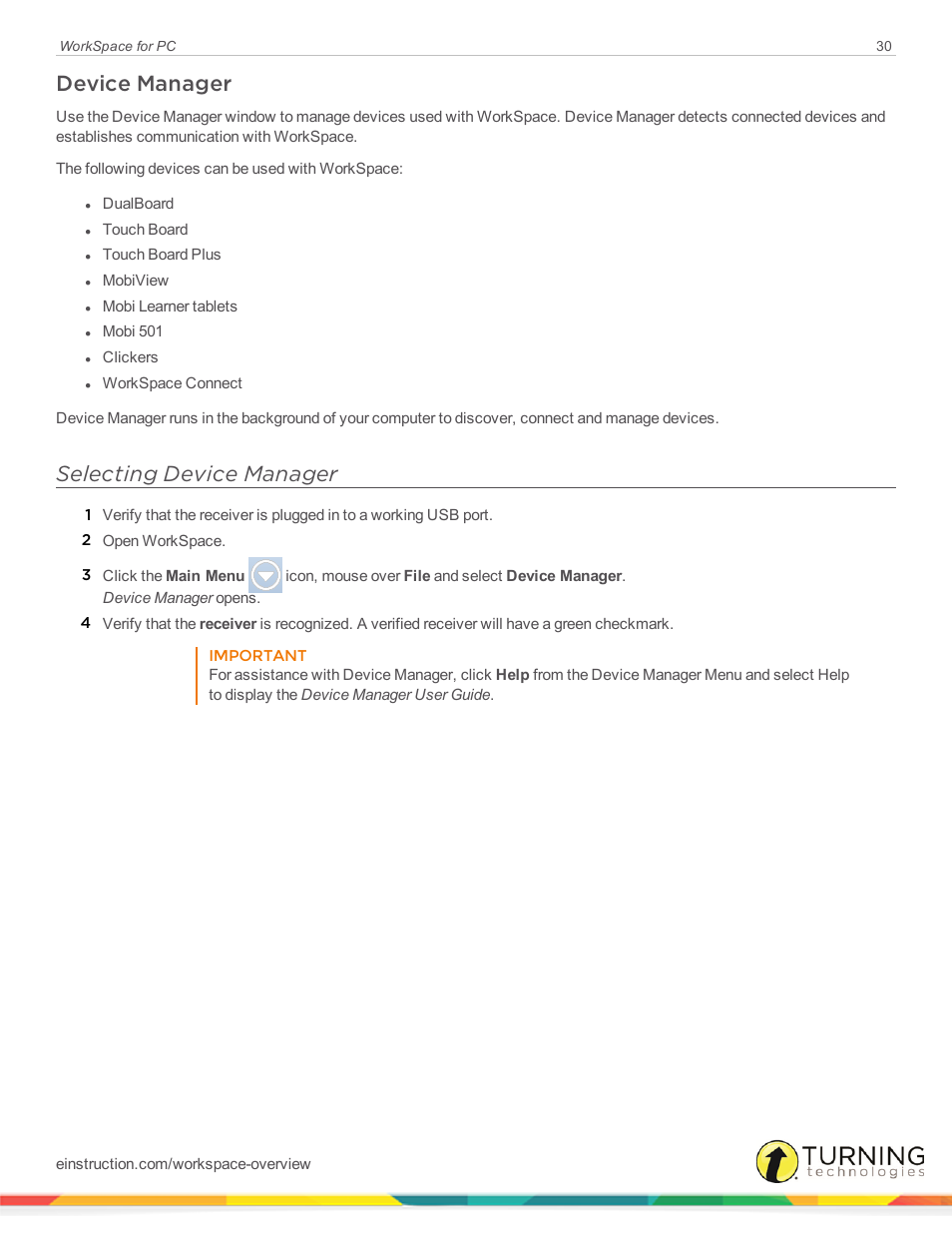 Device manager, Selecting device manager | Turning Technologies WorkSpace User Manual | Page 30 / 49