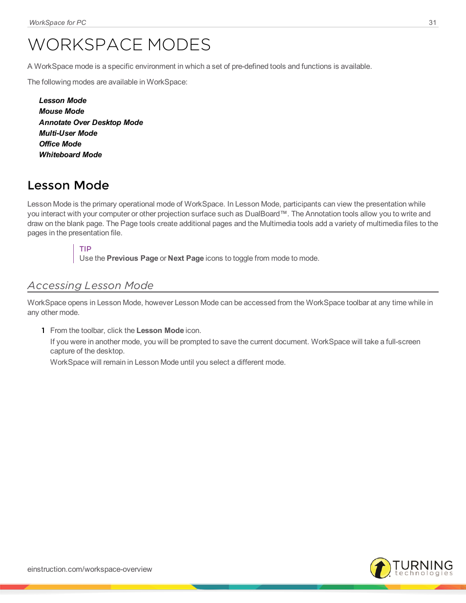 Workspace modes, Lesson mode, Accessing lesson mode | Turning Technologies WorkSpace User Manual | Page 31 / 49