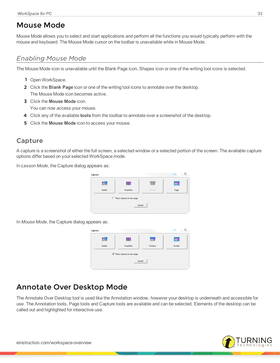 Mouse mode, Enabling mouse mode, Capture | Annotate over desktop mode | Turning Technologies WorkSpace User Manual | Page 33 / 49