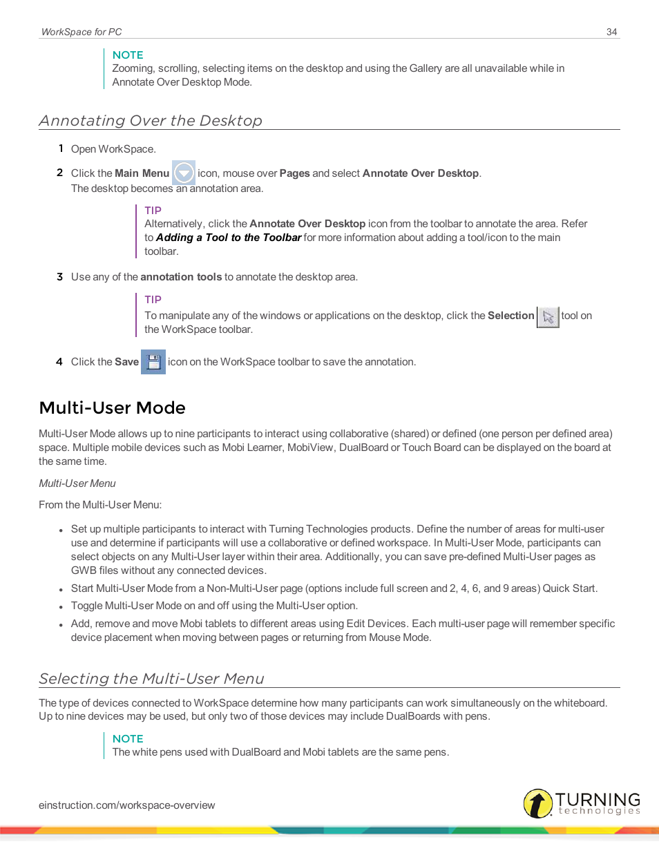 Annotating over the desktop, Multi-user mode, Selecting the multi-user menu | Turning Technologies WorkSpace User Manual | Page 34 / 49