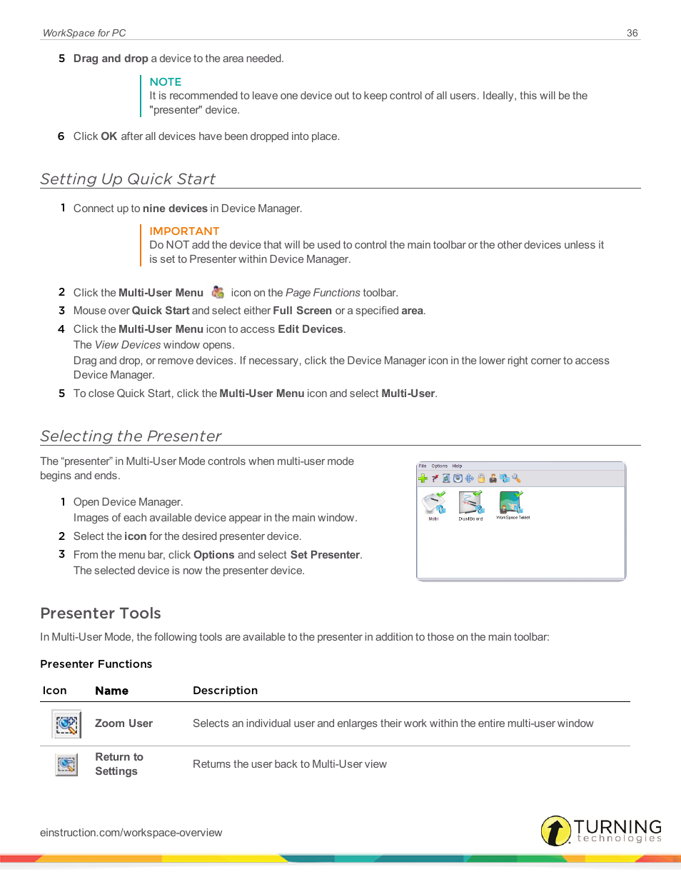 Setting up quick start, Selecting the presenter, Presenter tools | Setting, Up quick start | Turning Technologies WorkSpace User Manual | Page 36 / 49