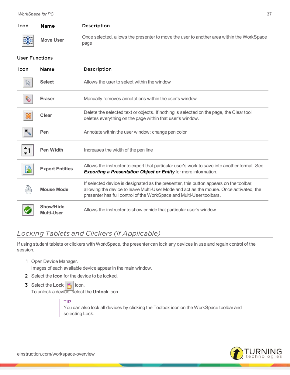 Locking tablets and clickers (if applicable) | Turning Technologies WorkSpace User Manual | Page 37 / 49