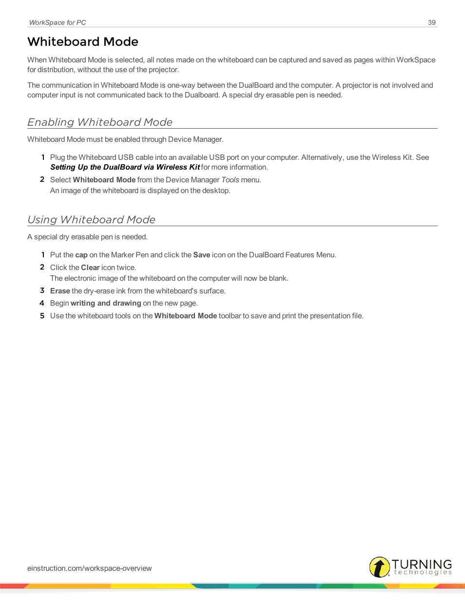 Whiteboard mode, Enabling whiteboard mode, Using whiteboard mode | Turning Technologies WorkSpace User Manual | Page 39 / 49