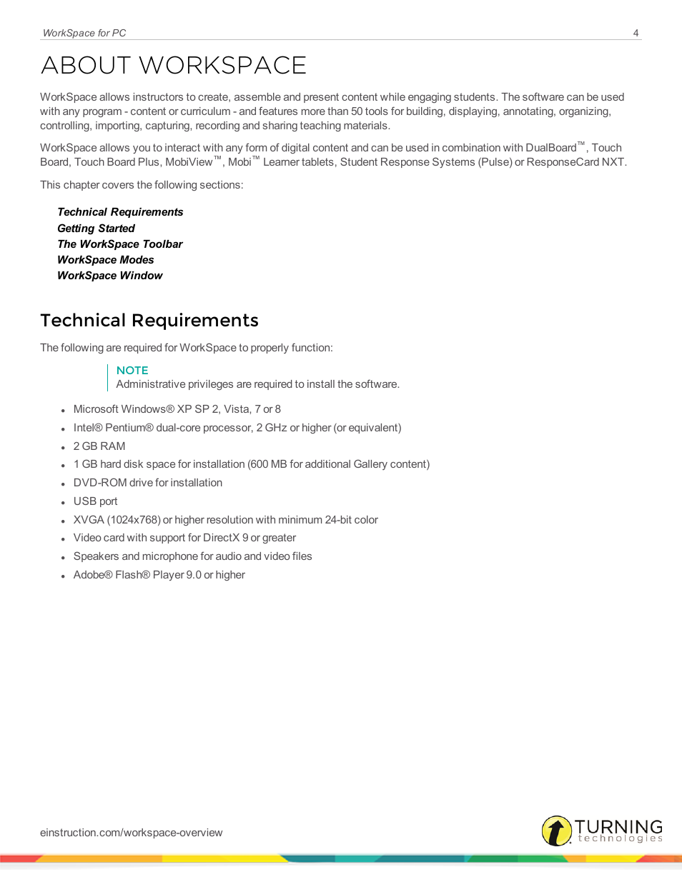 About workspace, Technical requirements | Turning Technologies WorkSpace User Manual | Page 4 / 49