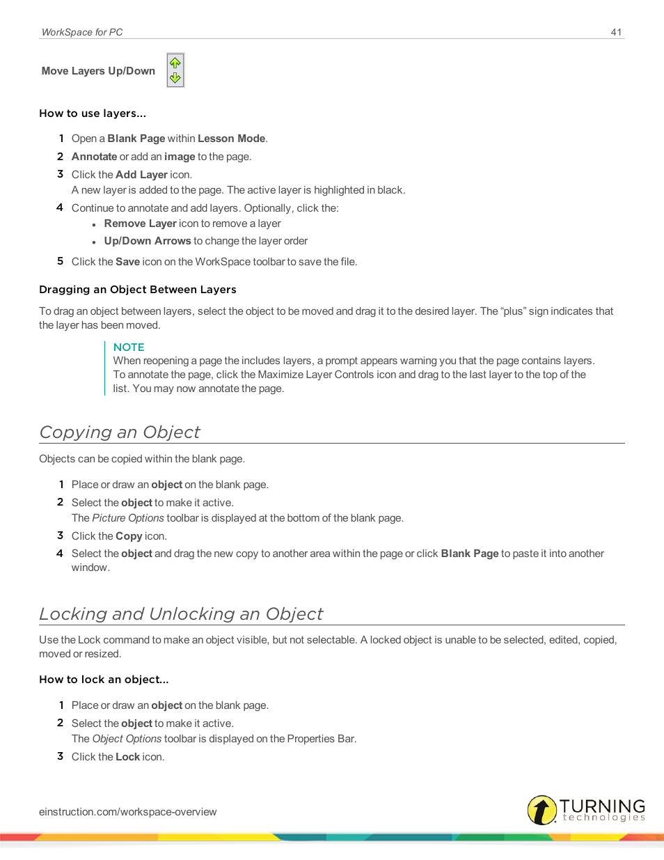Copying an object, Locking and unlocking an object | Turning Technologies WorkSpace User Manual | Page 41 / 49