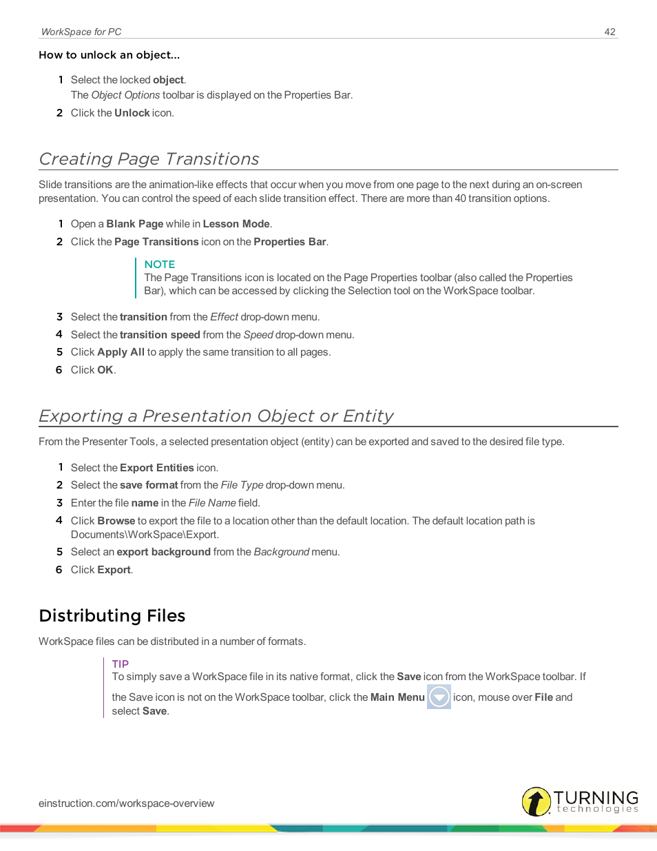 Exporting a presentation object or entity, Distributing files, Creating page transitions | Turning Technologies WorkSpace User Manual | Page 42 / 49