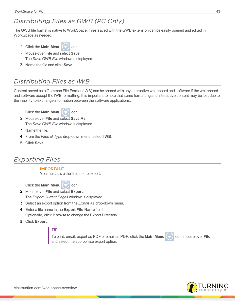 Distributing files as gwb (pc only), Distributing files as iwb, Exporting files | Turning Technologies WorkSpace User Manual | Page 43 / 49