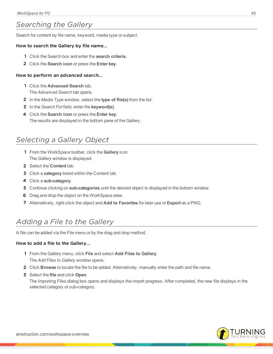 Searching the gallery, Selecting a gallery object, Adding a file to the gallery | Turning Technologies WorkSpace User Manual | Page 45 / 49