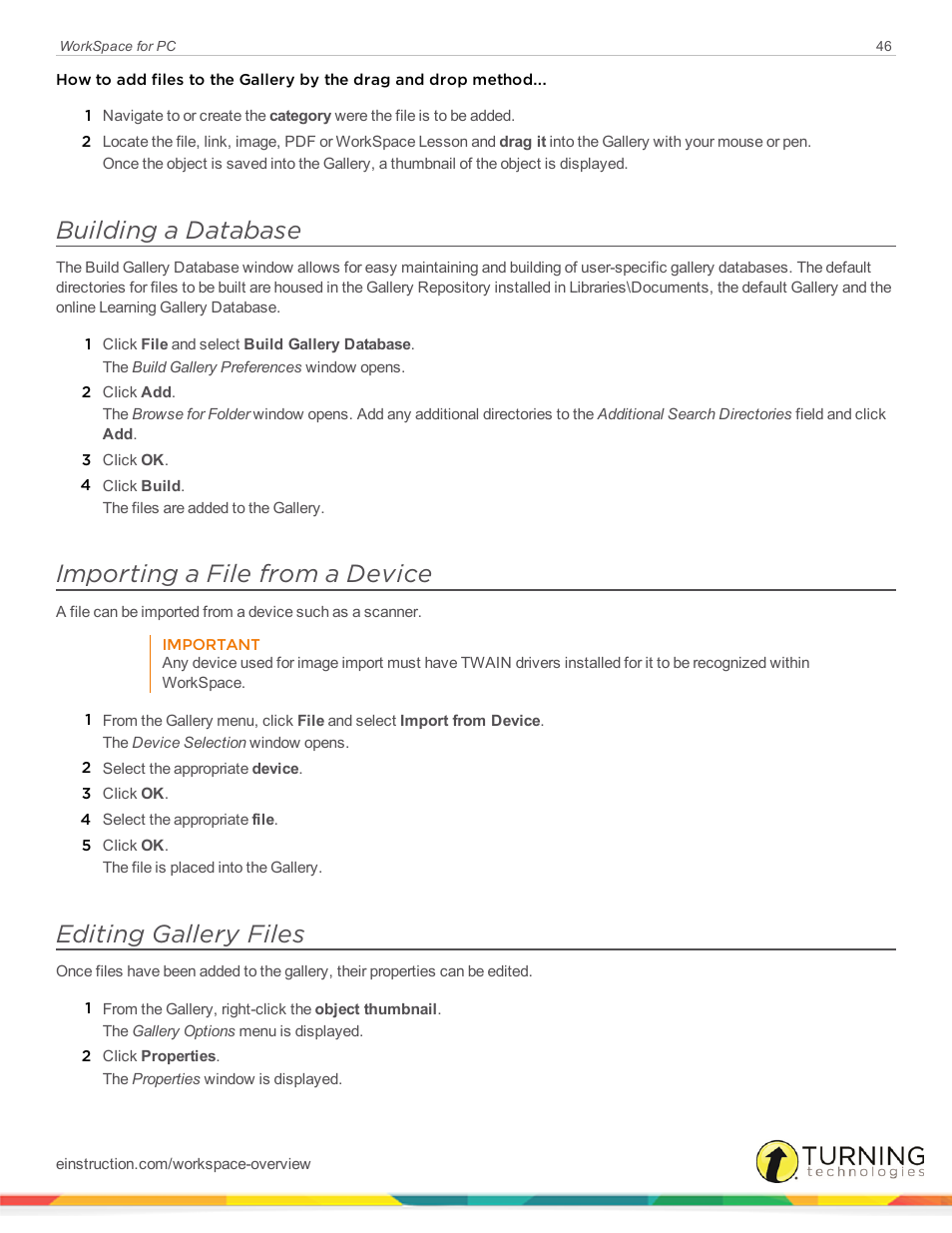 Building a database, Importing a file from a device, Editing gallery files | Turning Technologies WorkSpace User Manual | Page 46 / 49
