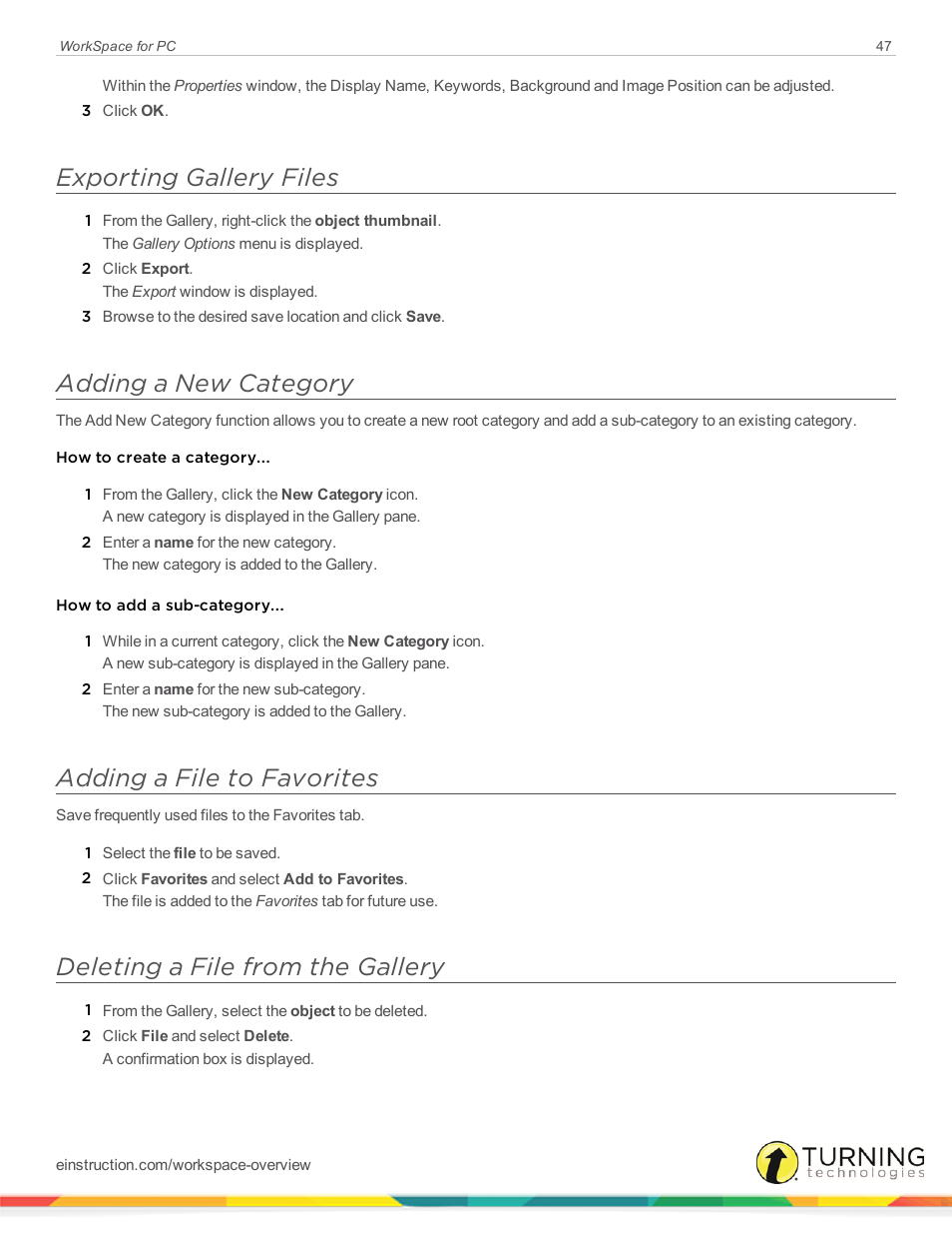 Exporting gallery files, Adding a new category, Adding a file to favorites | Deleting a file from the gallery | Turning Technologies WorkSpace User Manual | Page 47 / 49