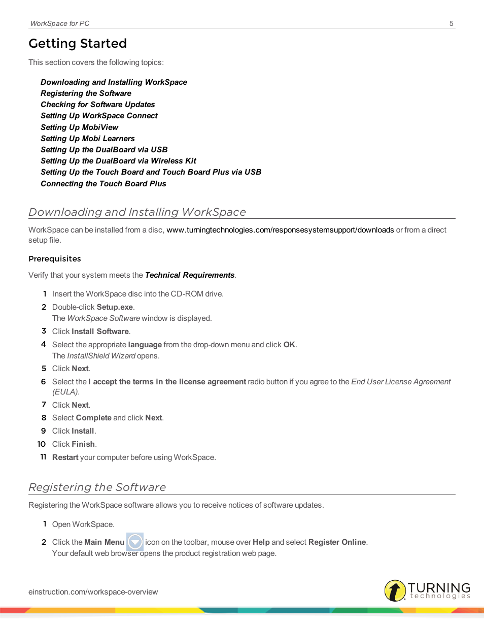 Getting started, Downloading and installing workspace, Registering the software | Turning Technologies WorkSpace User Manual | Page 5 / 49