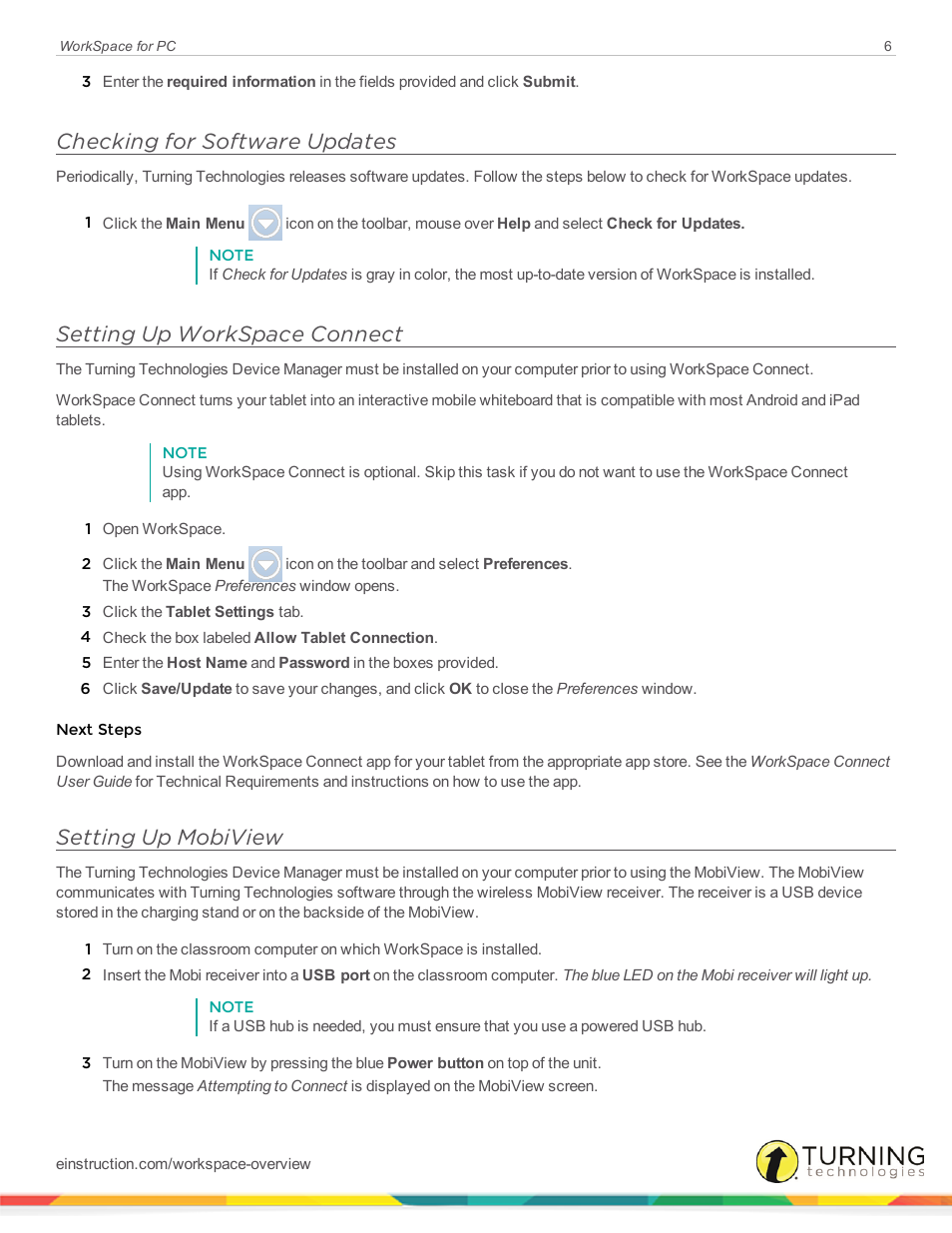 Checking for software updates, Setting up workspace connect, Setting up mobiview | Turning Technologies WorkSpace User Manual | Page 6 / 49