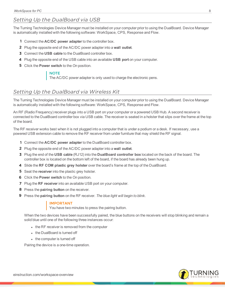 Setting up the dualboard via usb, Setting up the dualboard via wireless kit | Turning Technologies WorkSpace User Manual | Page 8 / 49