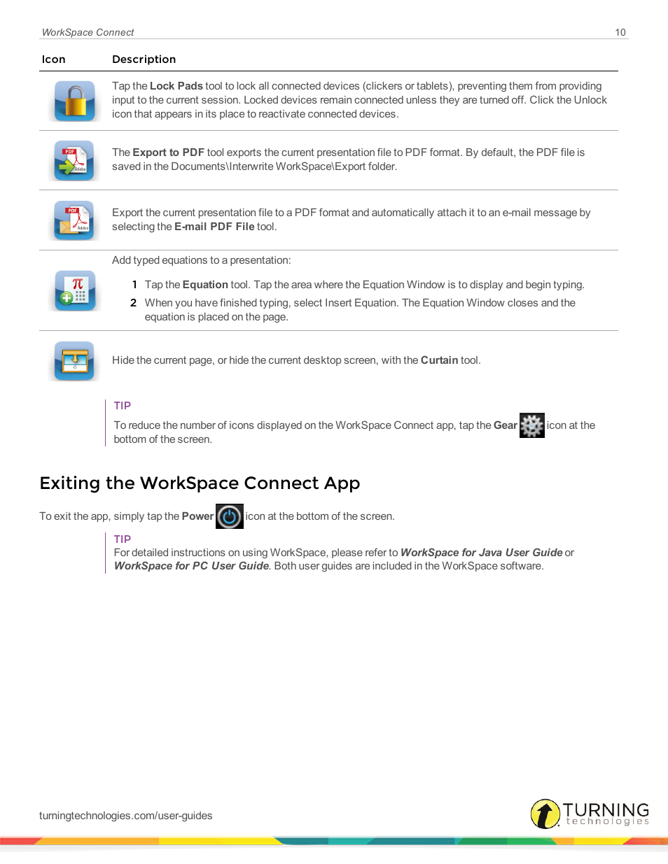 Exiting the workspace connect app | Turning Technologies WorkSpace Connect User Manual | Page 10 / 11