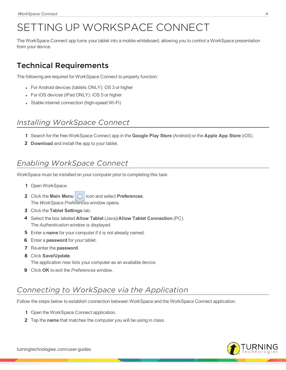 Setting up workspace connect, Technical requirements, Installing workspace connect | Enabling workspace connect, Connecting to workspace via the application | Turning Technologies WorkSpace Connect User Manual | Page 4 / 11