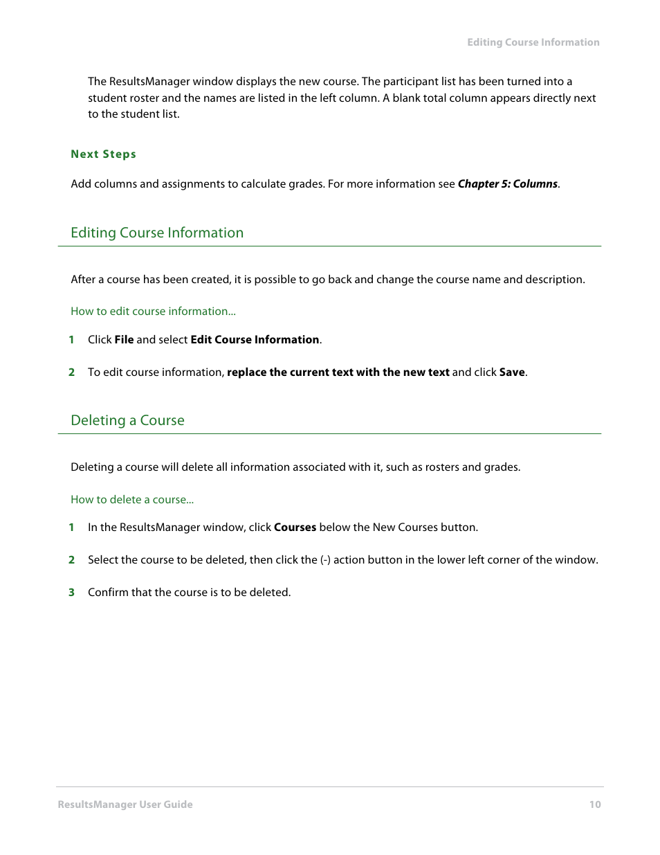 Editing course information, Deleting a course | Turning Technologies ResultsManager User Manual | Page 10 / 31