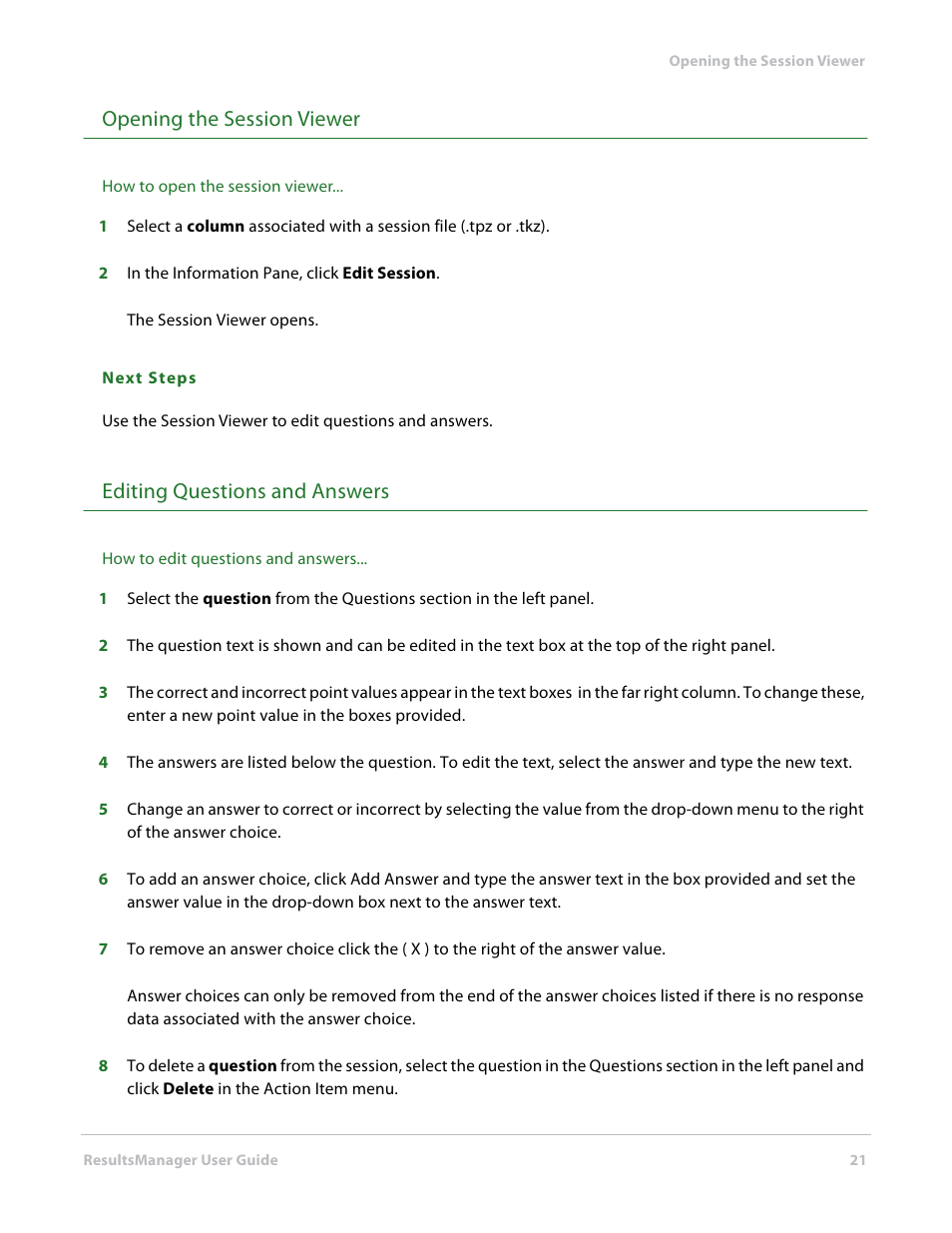 Opening the session viewer, Editing questions and answers | Turning Technologies ResultsManager User Manual | Page 21 / 31