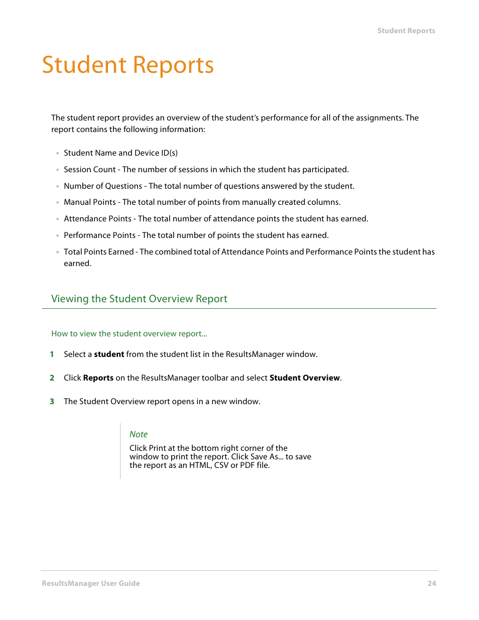 Student reports, Viewing the student overview report | Turning Technologies ResultsManager User Manual | Page 24 / 31