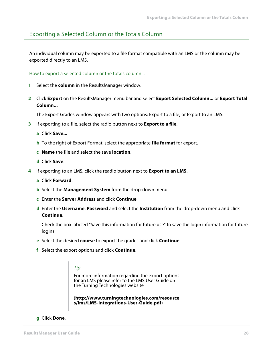 Exporting a selected column or the totals column | Turning Technologies ResultsManager User Manual | Page 28 / 31