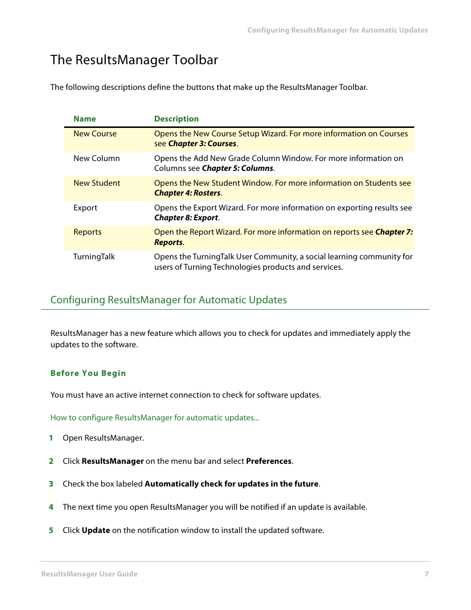 The resultsmanager toolbar, Configuring resultsmanager for automatic updates | Turning Technologies ResultsManager User Manual | Page 7 / 31