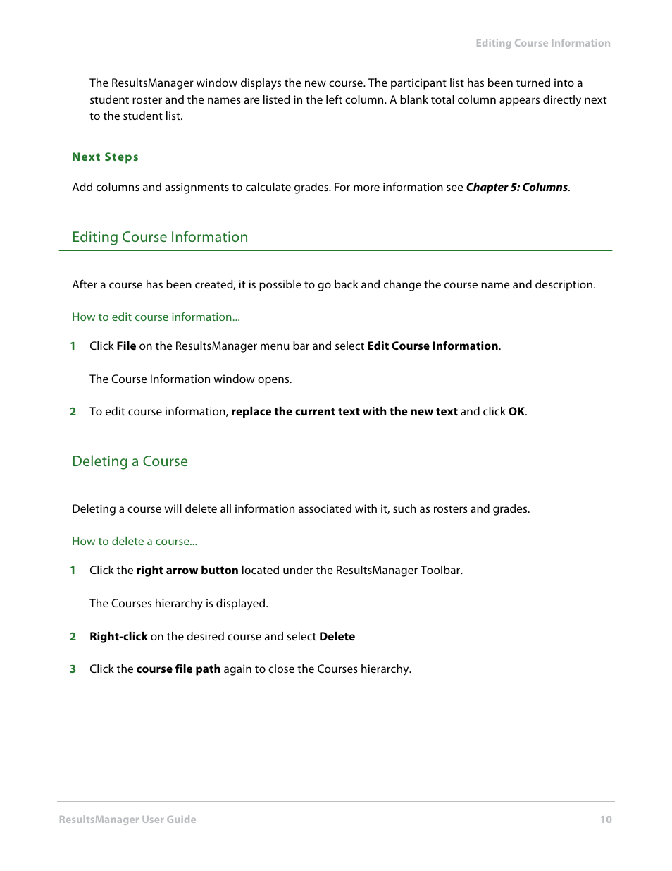 Editing course information, Deleting a course | Turning Technologies ResultsManager User Manual | Page 10 / 32