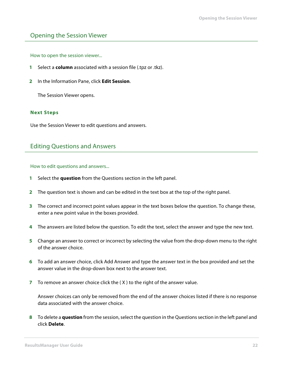 Opening the session viewer, Editing questions and answers | Turning Technologies ResultsManager User Manual | Page 22 / 32