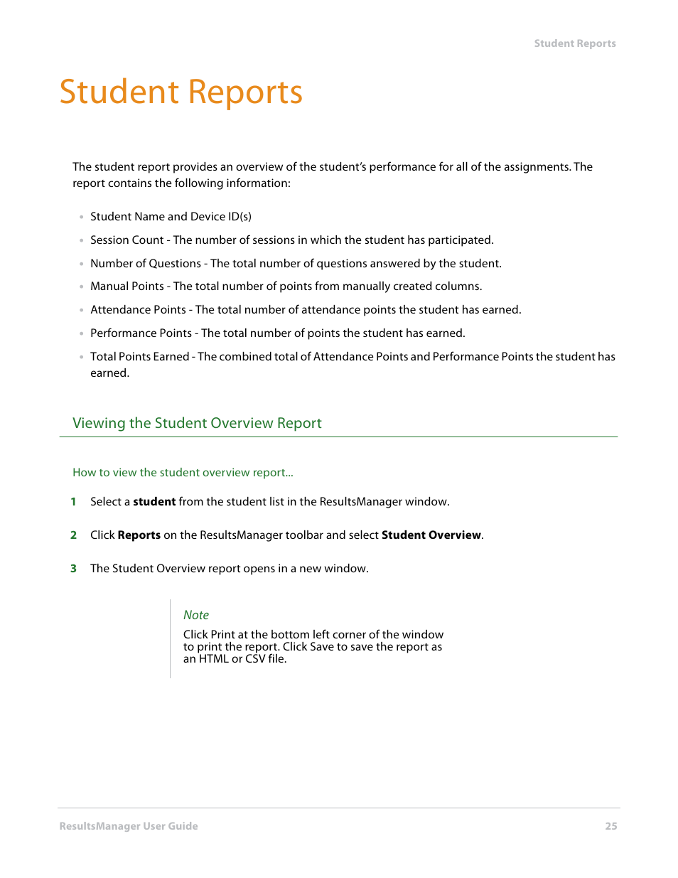 Student reports, Viewing the student overview report | Turning Technologies ResultsManager User Manual | Page 25 / 32