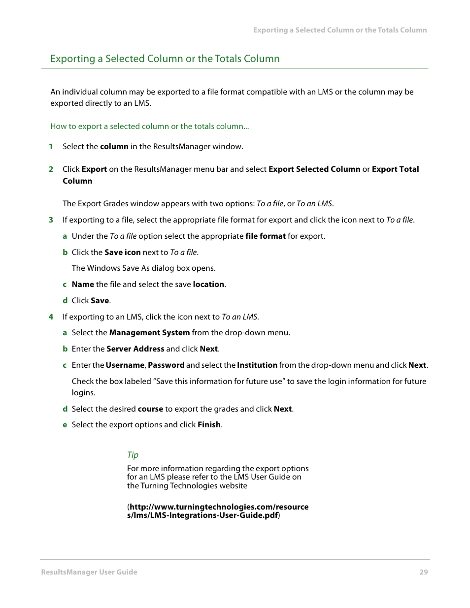 Exporting a selected column or the totals column | Turning Technologies ResultsManager User Manual | Page 29 / 32