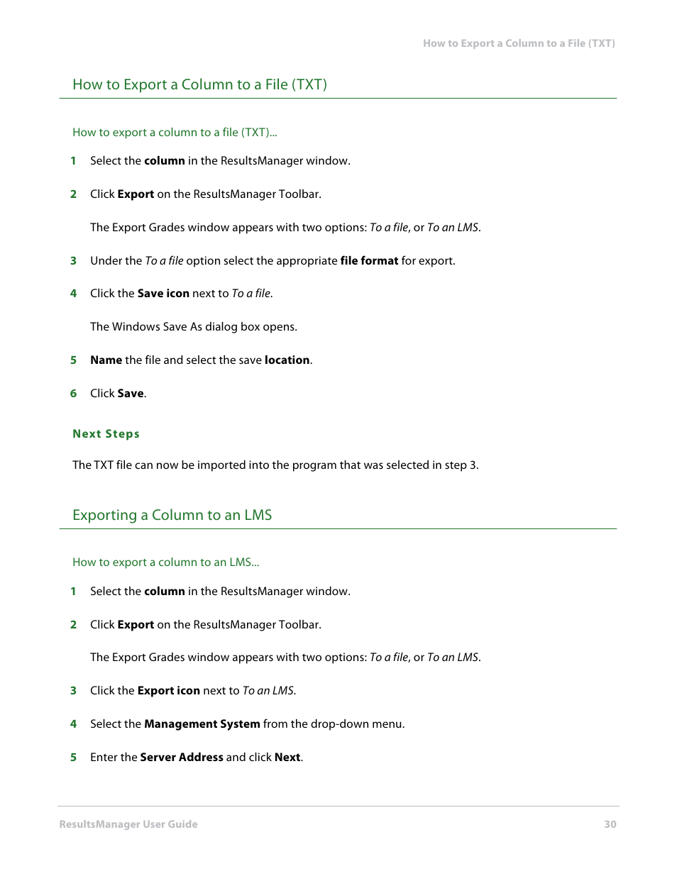How to export a column to a file (txt), Exporting a column to an lms | Turning Technologies ResultsManager User Manual | Page 30 / 32