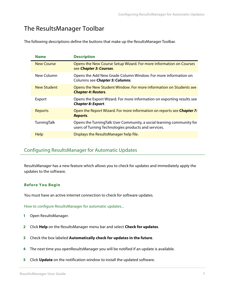The resultsmanager toolbar, Configuring resultsmanager for automatic updates | Turning Technologies ResultsManager User Manual | Page 7 / 32