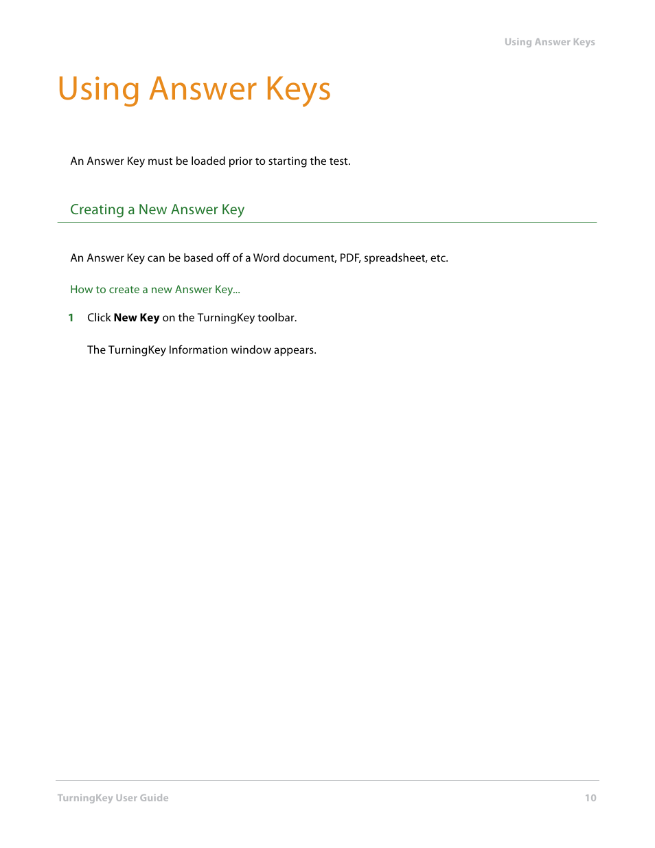 Using answer keys, Creating a new answer key | Turning Technologies TurningKey User Manual | Page 10 / 34