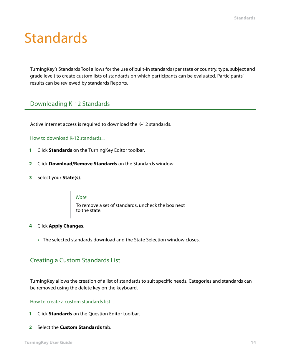 Standards, Downloading k-12 standards, Creating a custom standards list | Turning Technologies TurningKey User Manual | Page 14 / 34