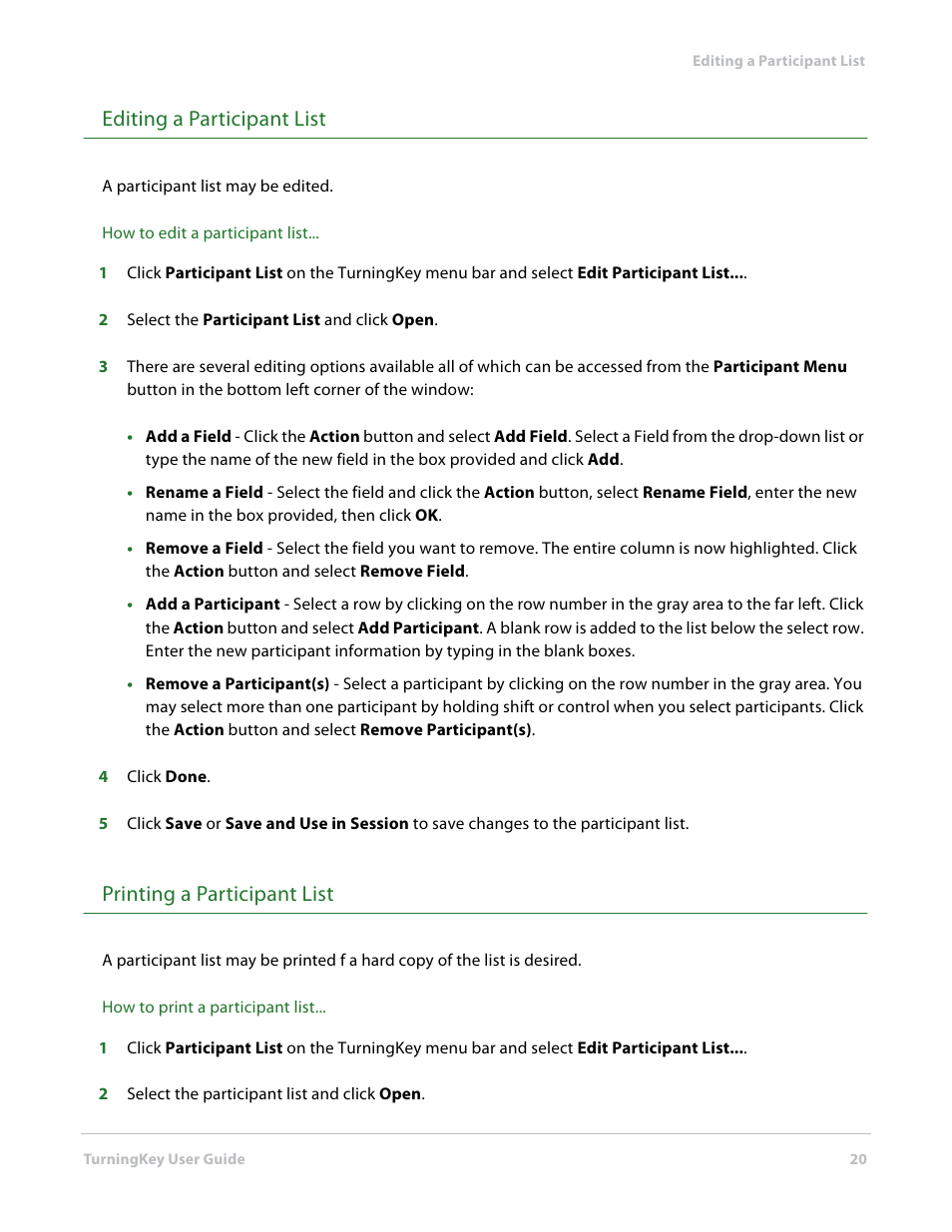 Editing a participant list, Printing a participant list | Turning Technologies TurningKey User Manual | Page 20 / 34