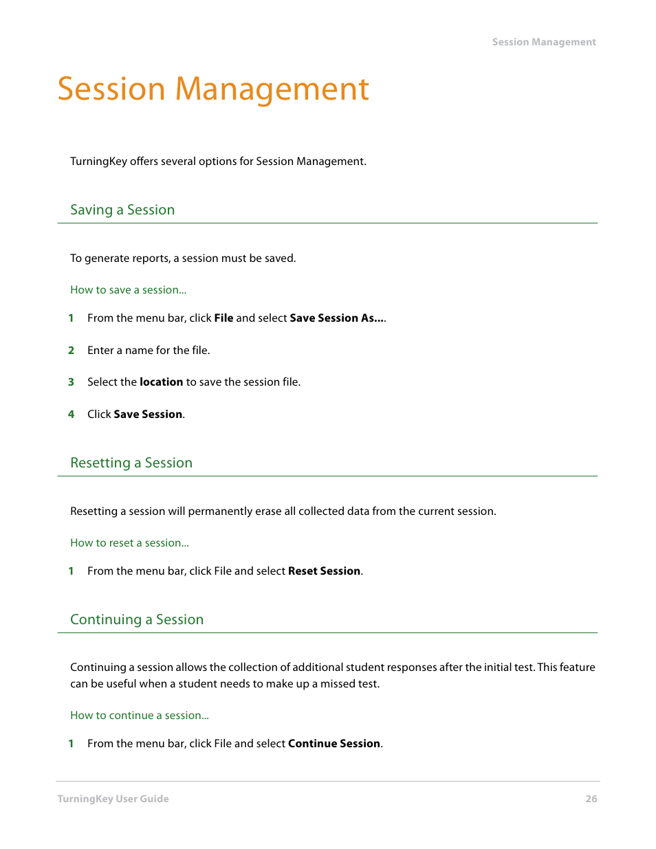 Session management, Saving a session, Resetting a session | Continuing a session | Turning Technologies TurningKey User Manual | Page 26 / 34