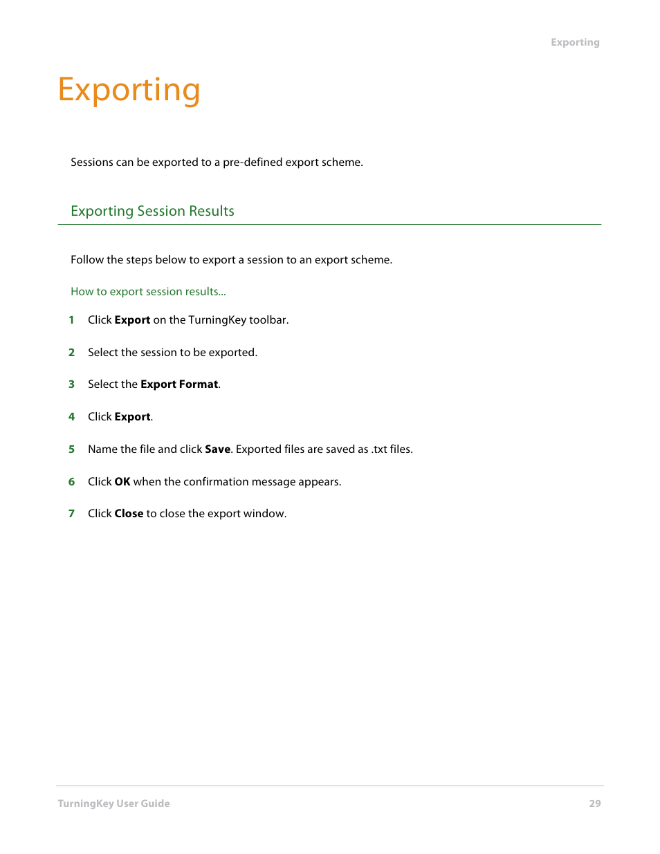 Exporting, Exporting session results | Turning Technologies TurningKey User Manual | Page 29 / 34