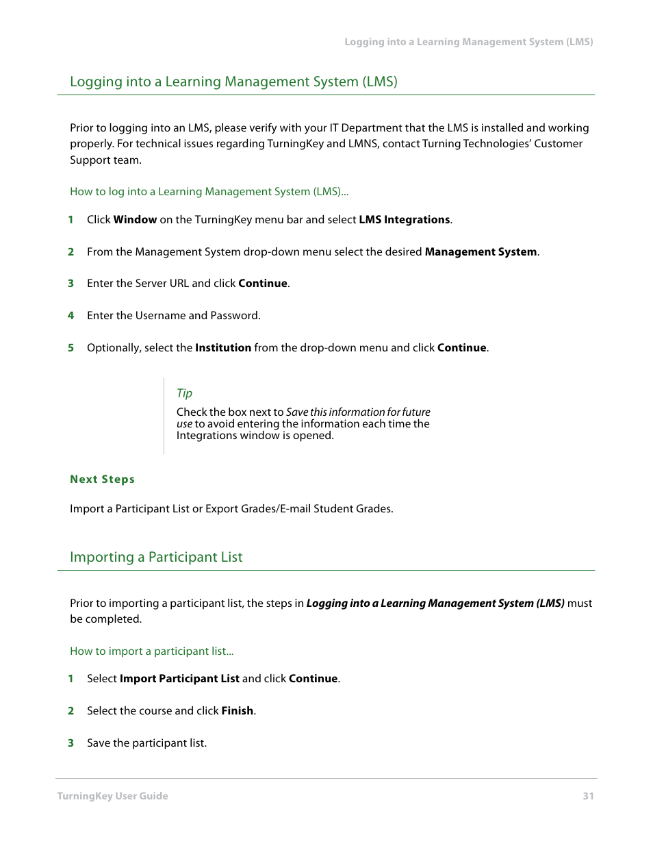 Logging into a learning management system (lms), Importing a participant list | Turning Technologies TurningKey User Manual | Page 31 / 34
