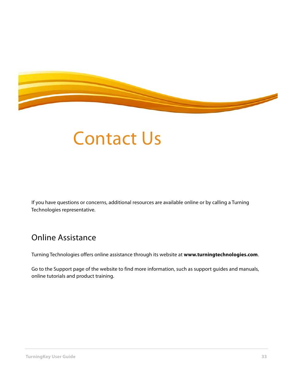 7 contact us, Online assistance, Contact us | Turning Technologies TurningKey User Manual | Page 33 / 34