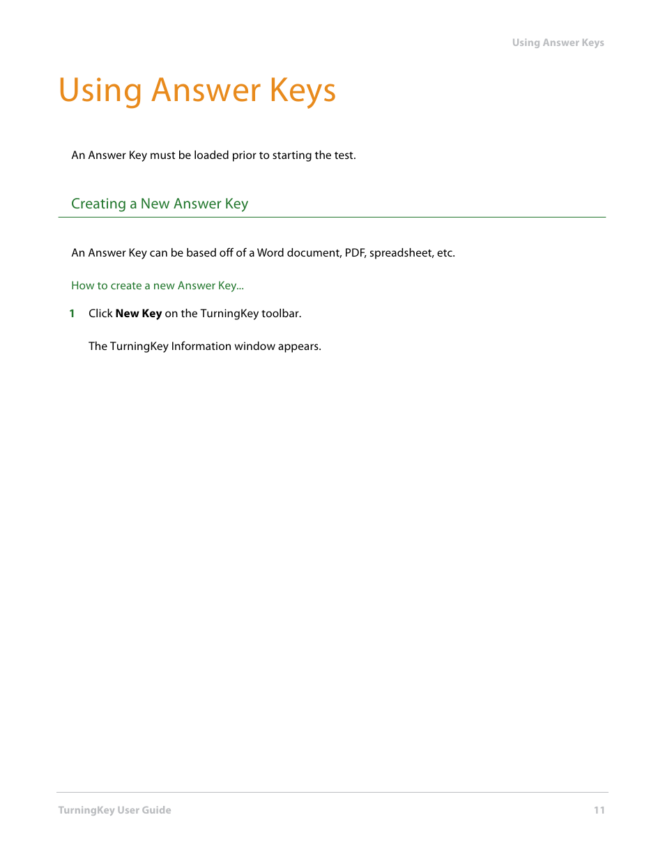 Using answer keys, Creating a new answer key | Turning Technologies TurningKey User Manual | Page 11 / 35